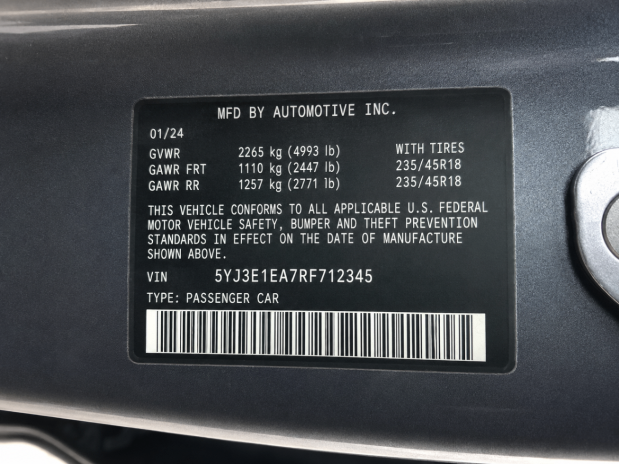 Vehicle VIN plate inspection photo
